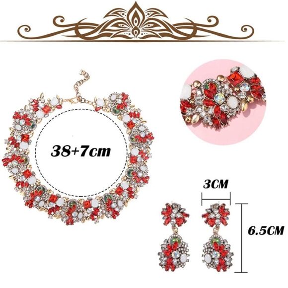 Yellow Gold with Ruby Red Austrian Crystal Chunky Necklace and Earrings Set - Picture 7 of 7